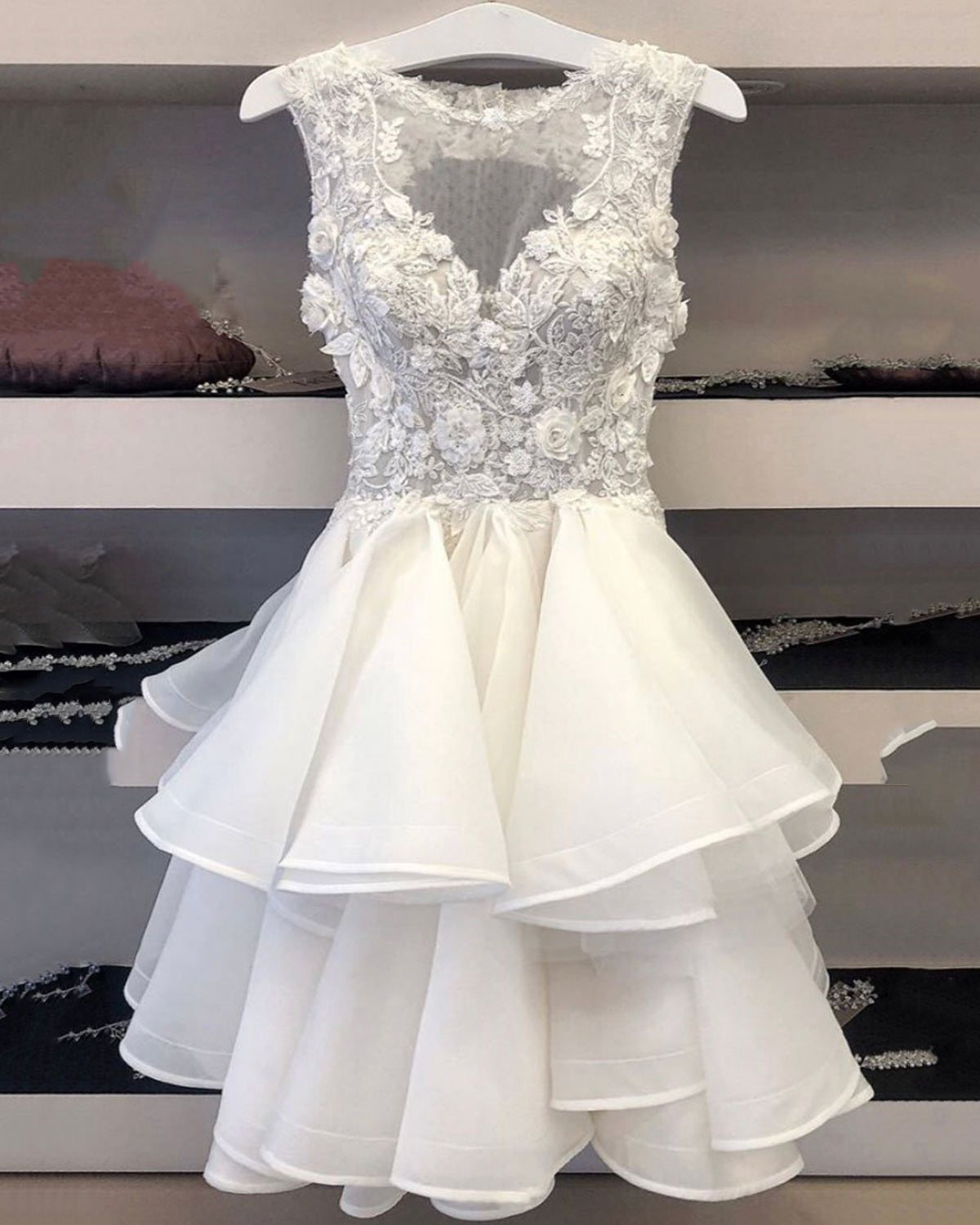 White tulle lace short prom dress homecoming dress 8917