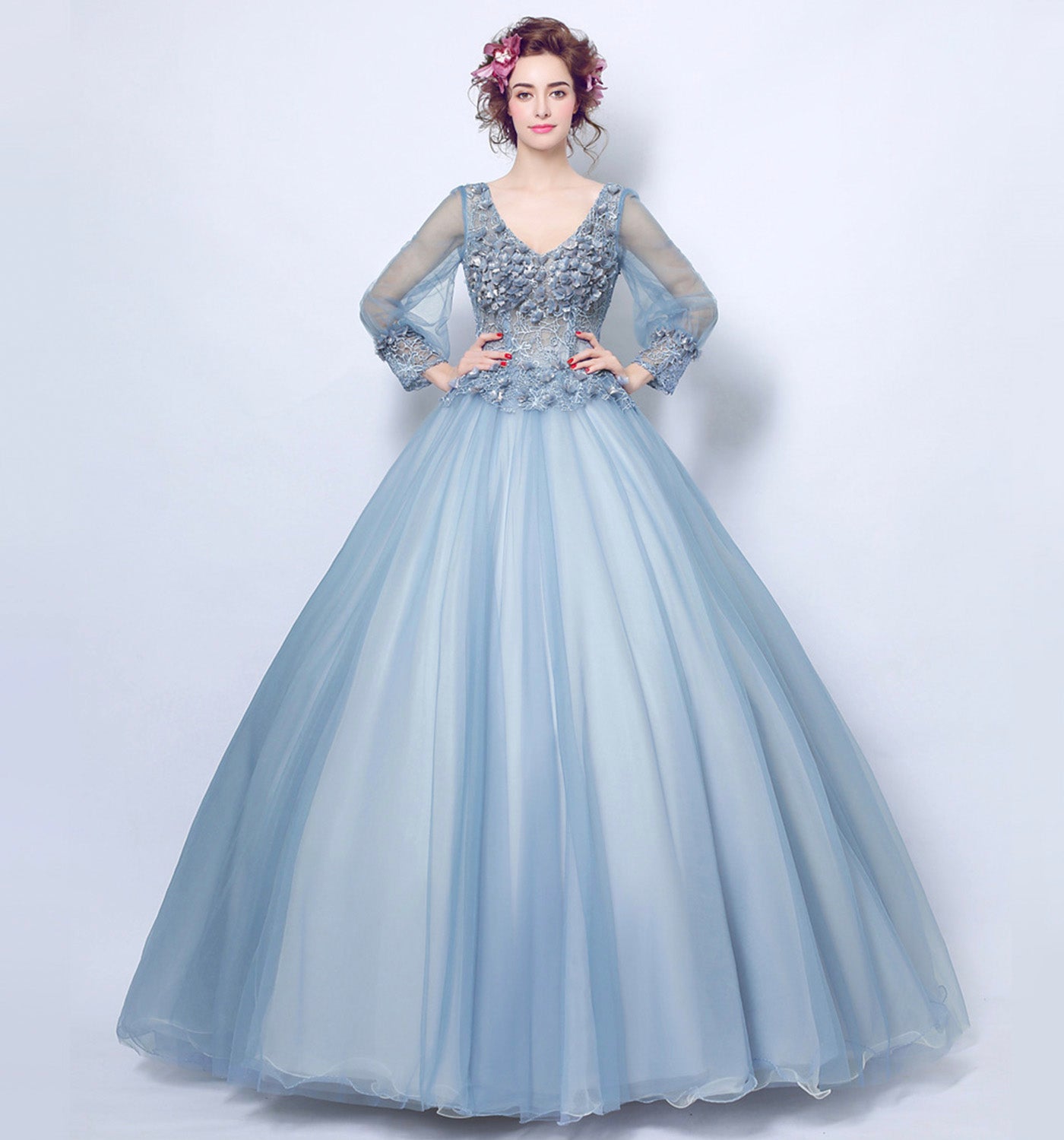 Blue lace applique long prom gown evening dress 10075