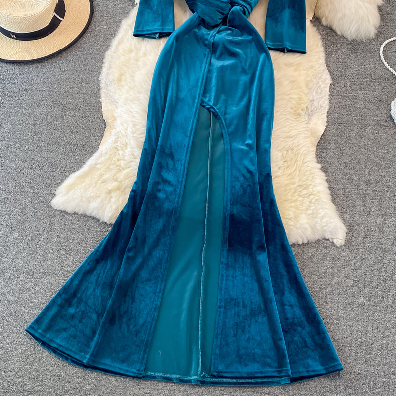 Stylish V Neck Velvet Long Dress Fahsion Dress 10938