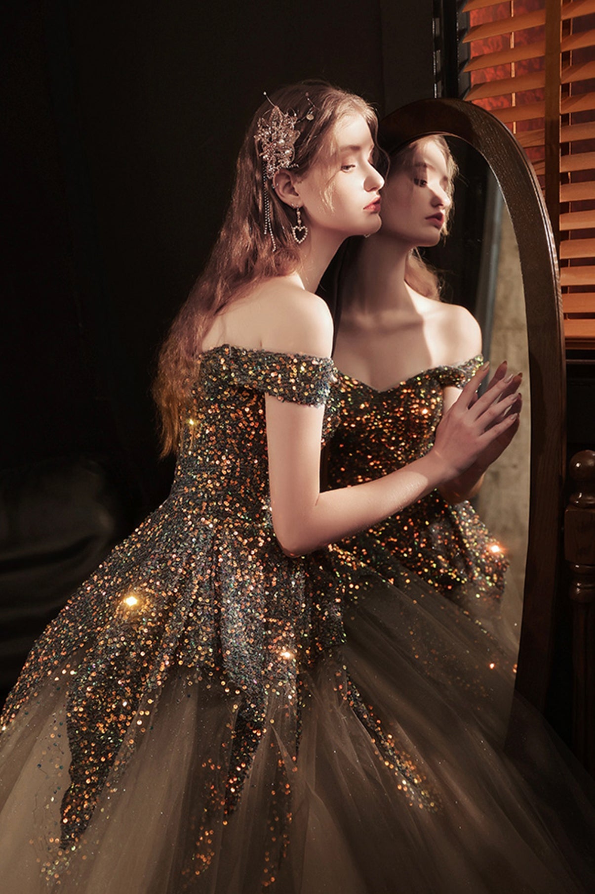 Shiny sequins long prom dress A line evening dress 8577