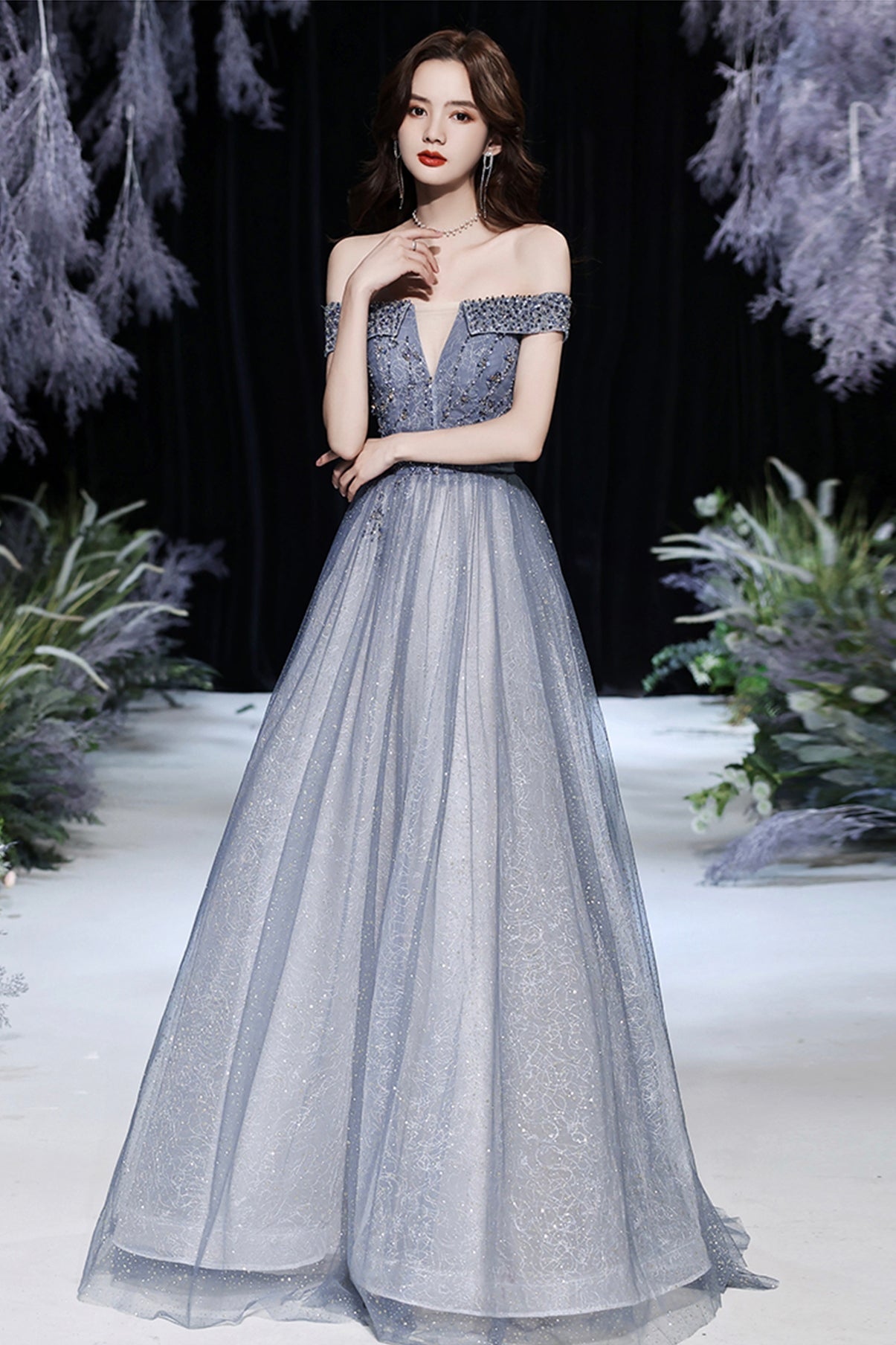 Grey tulle beads long prom dress shiny evening dress 8569