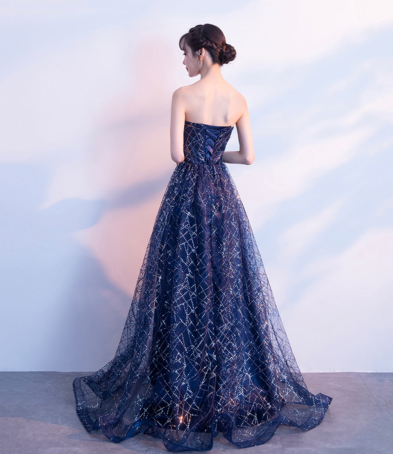 Blue tulle sequins long prom dress A line evening gown 10027