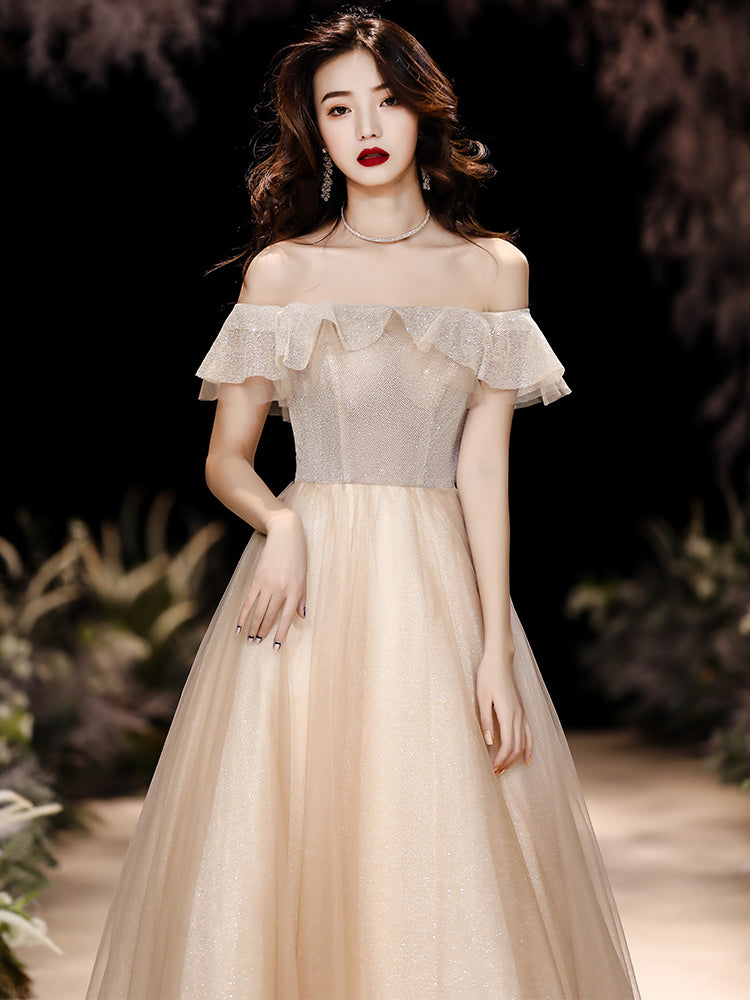 Sparkling champagne tulle sequins prom dress 8276