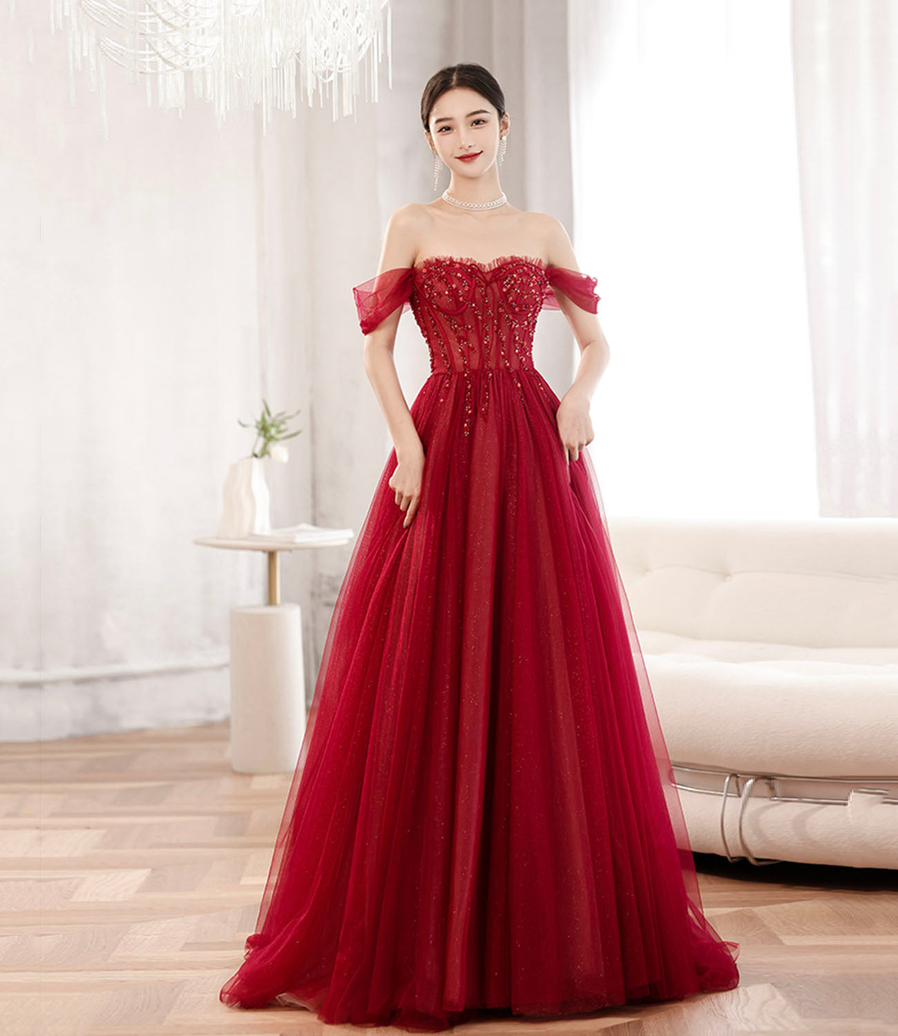 Burgundy tulle beads long prom dress evening dress 10604