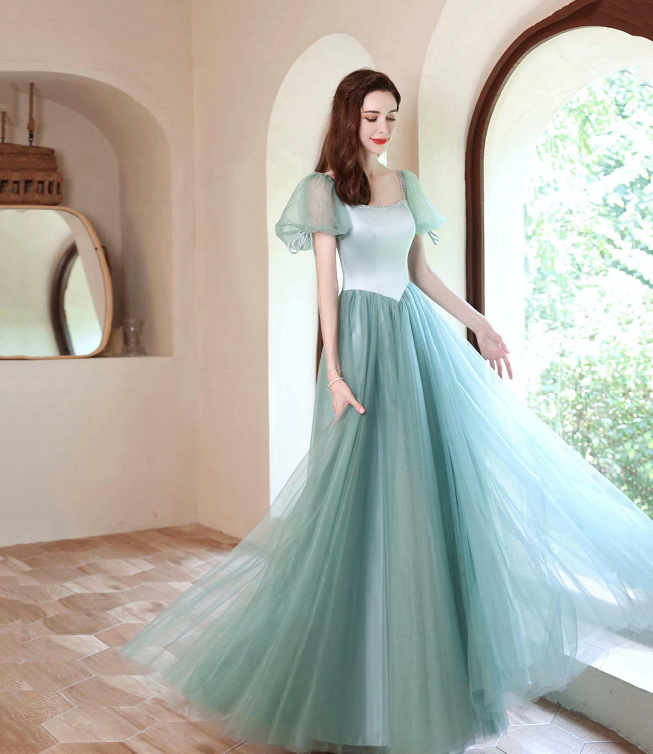 Green satin tulle long prom dress green evening dress 10618