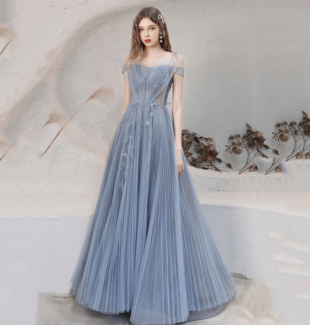 Blue tulle long prom dress blue evening dress 8628