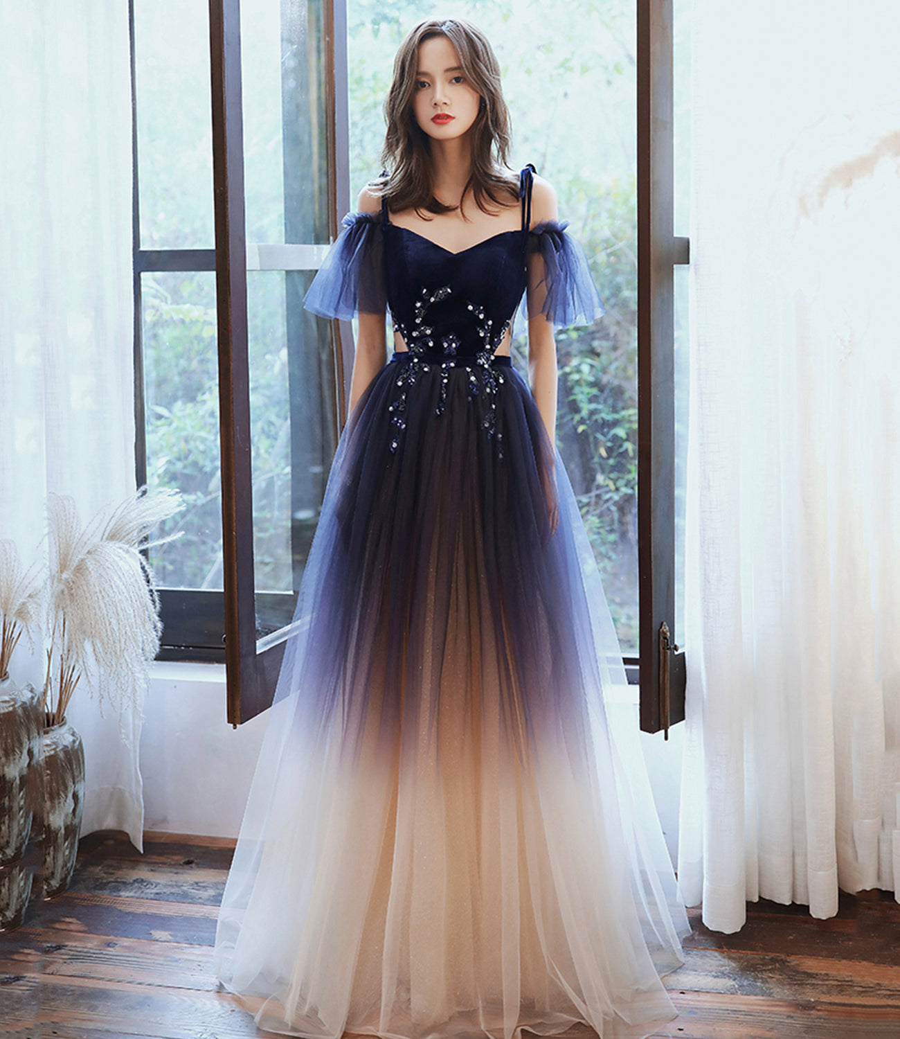 Blue velvet tulle long prom dress A line evening dress 10365