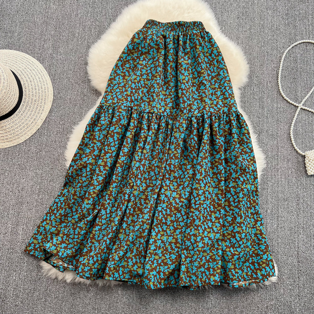 Vintage elastic waist stitched broken flower big swing Chiffon 11278