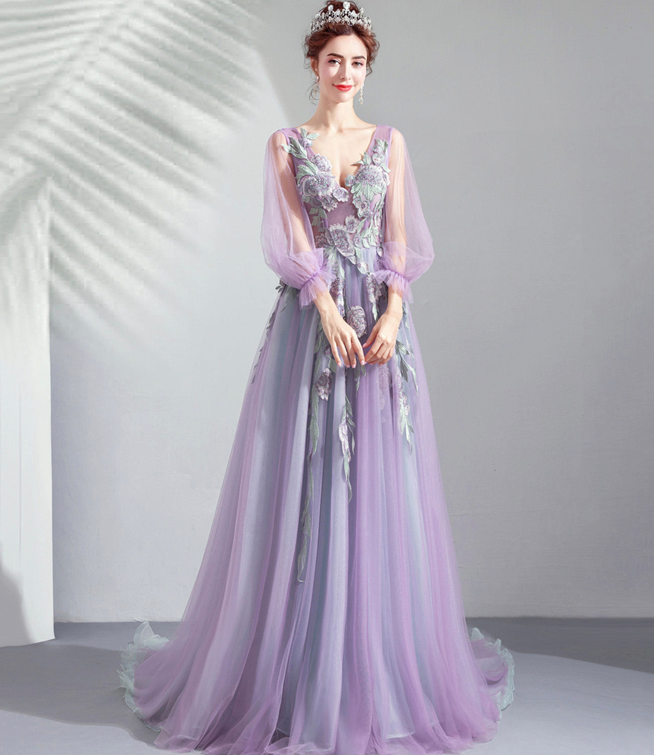 Purple tulle lace long prom dress A line evening dress 10552