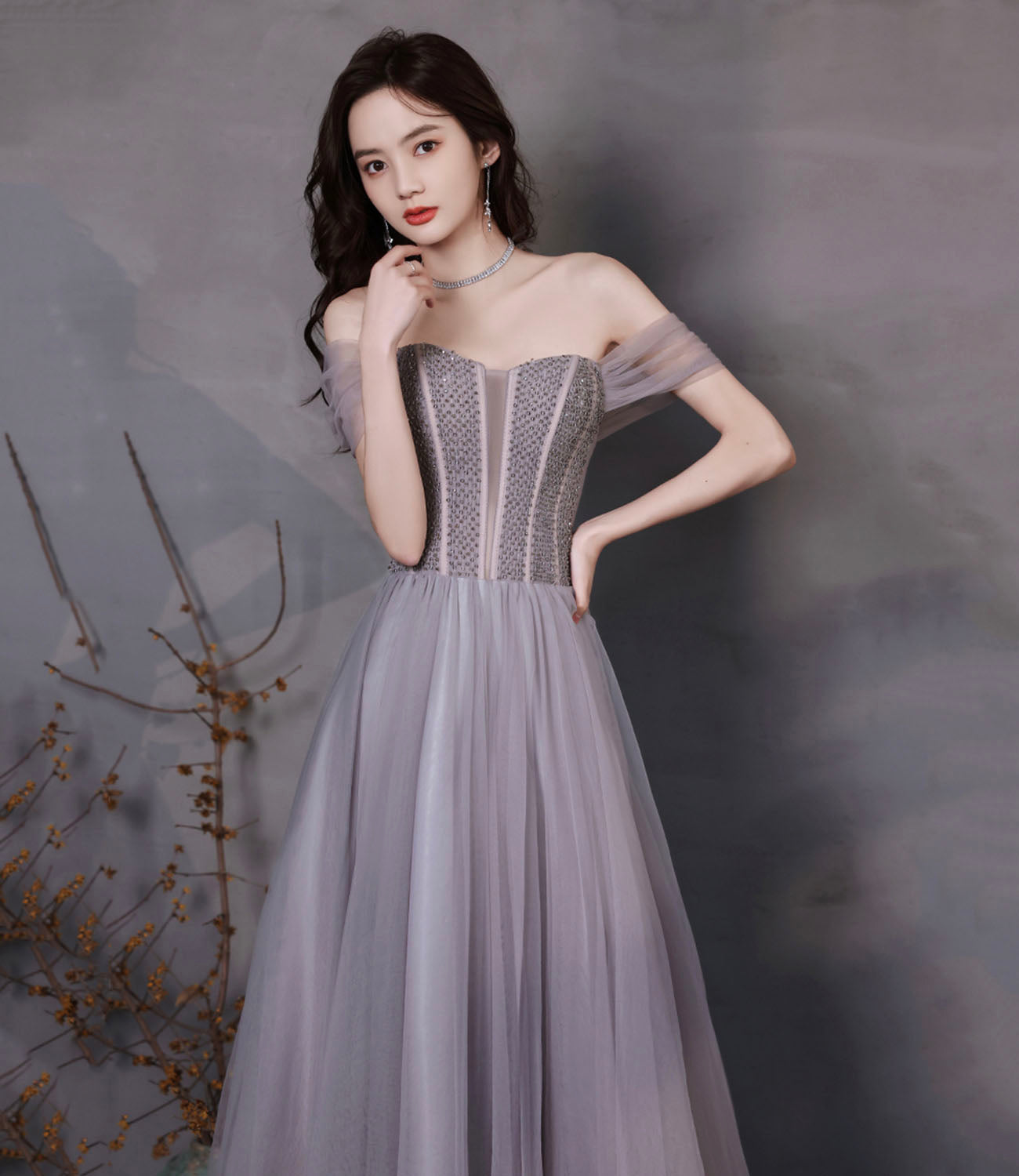 Cute tulle beads long prom dress A line evening gown 10319