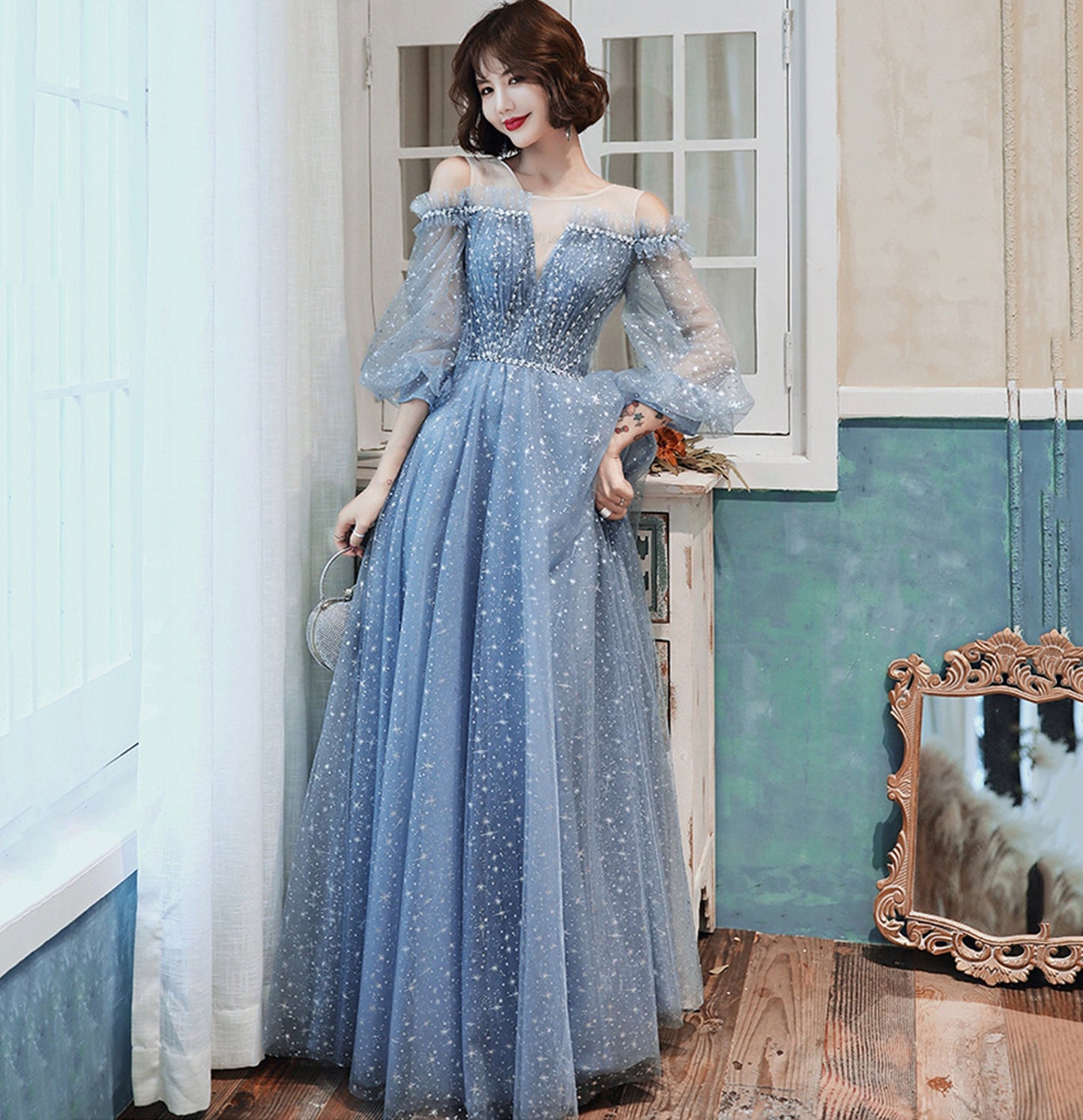 Blue tulle long prom dress A line evening gown 8955