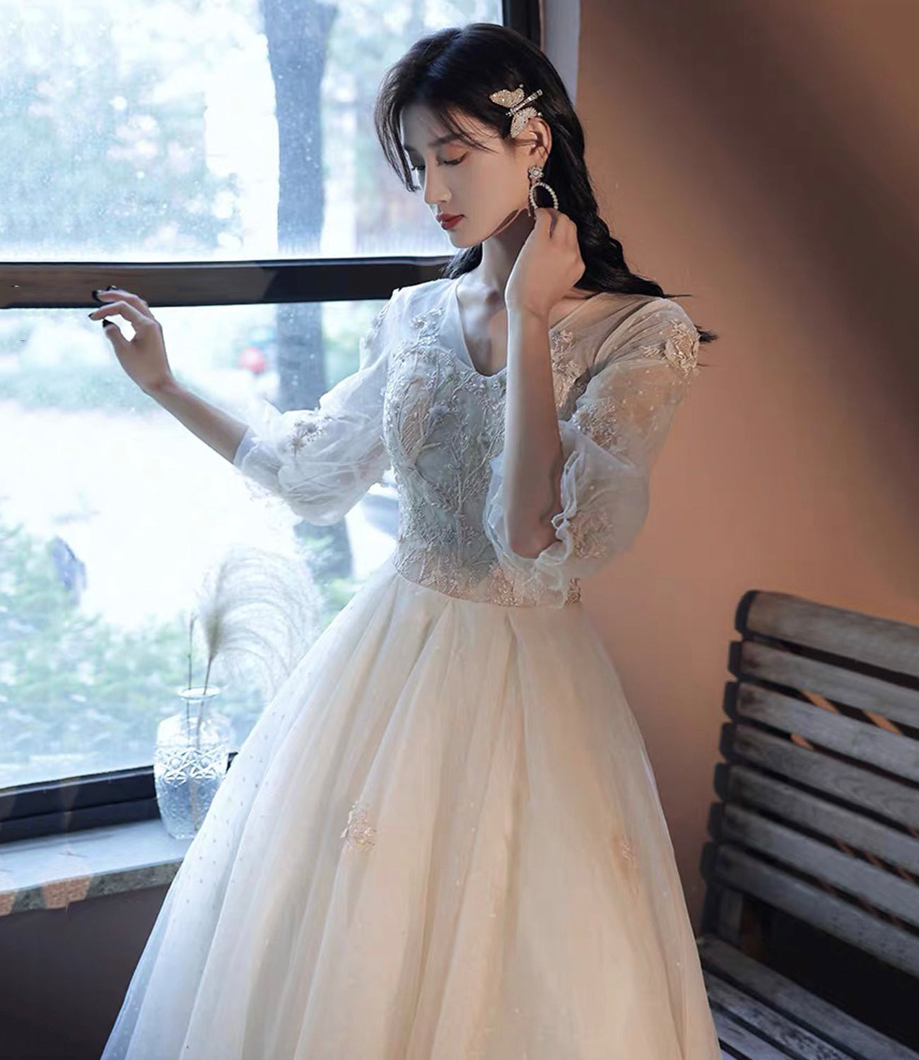 Champagne tulle lace long prom dress evening dress 10017