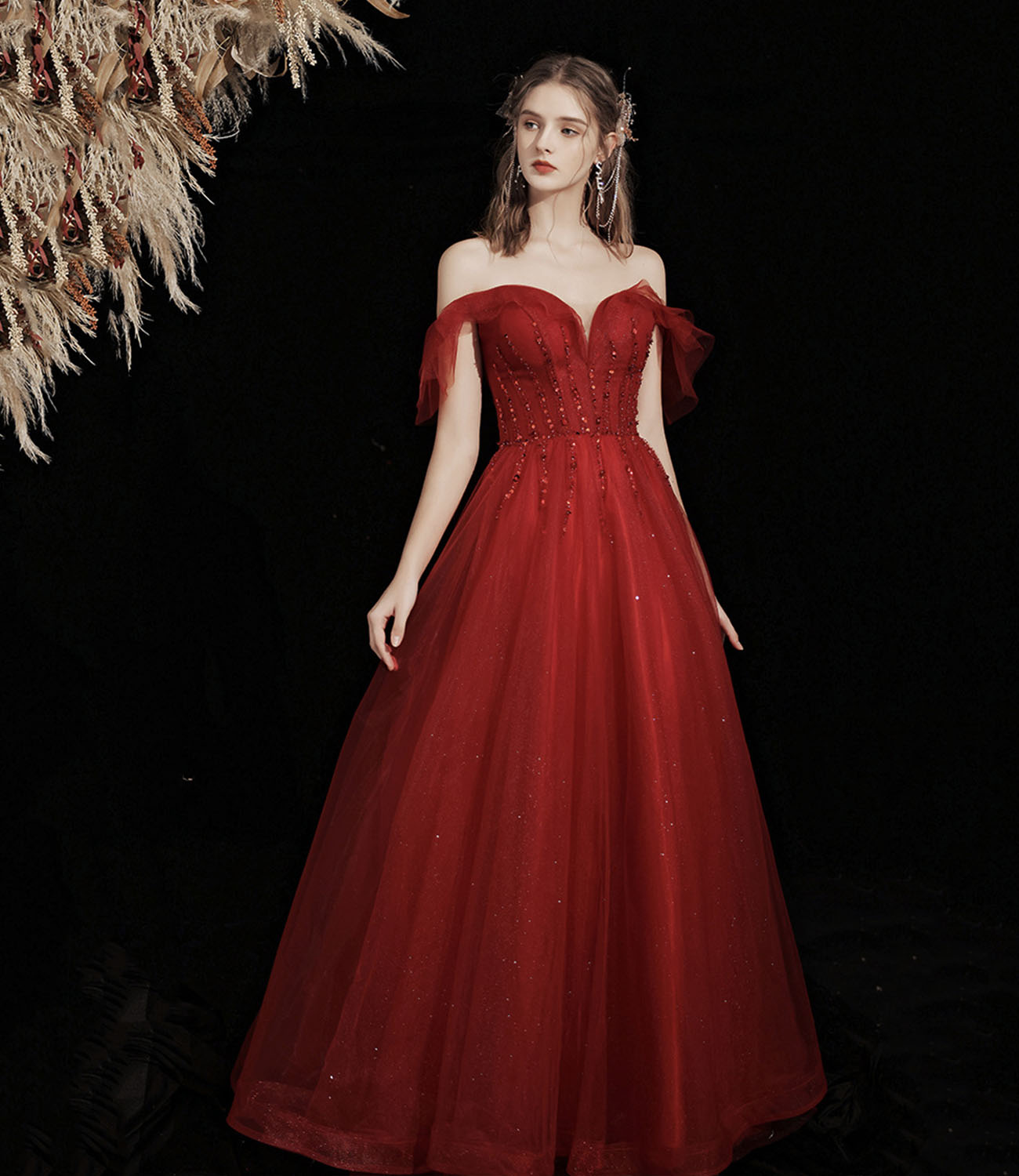 Burgundy tulle beads long prom dress A line evening gown 10428