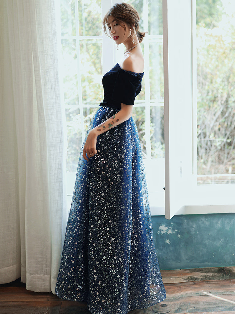 Blue tulle sequins long prom dress formal dress 8291