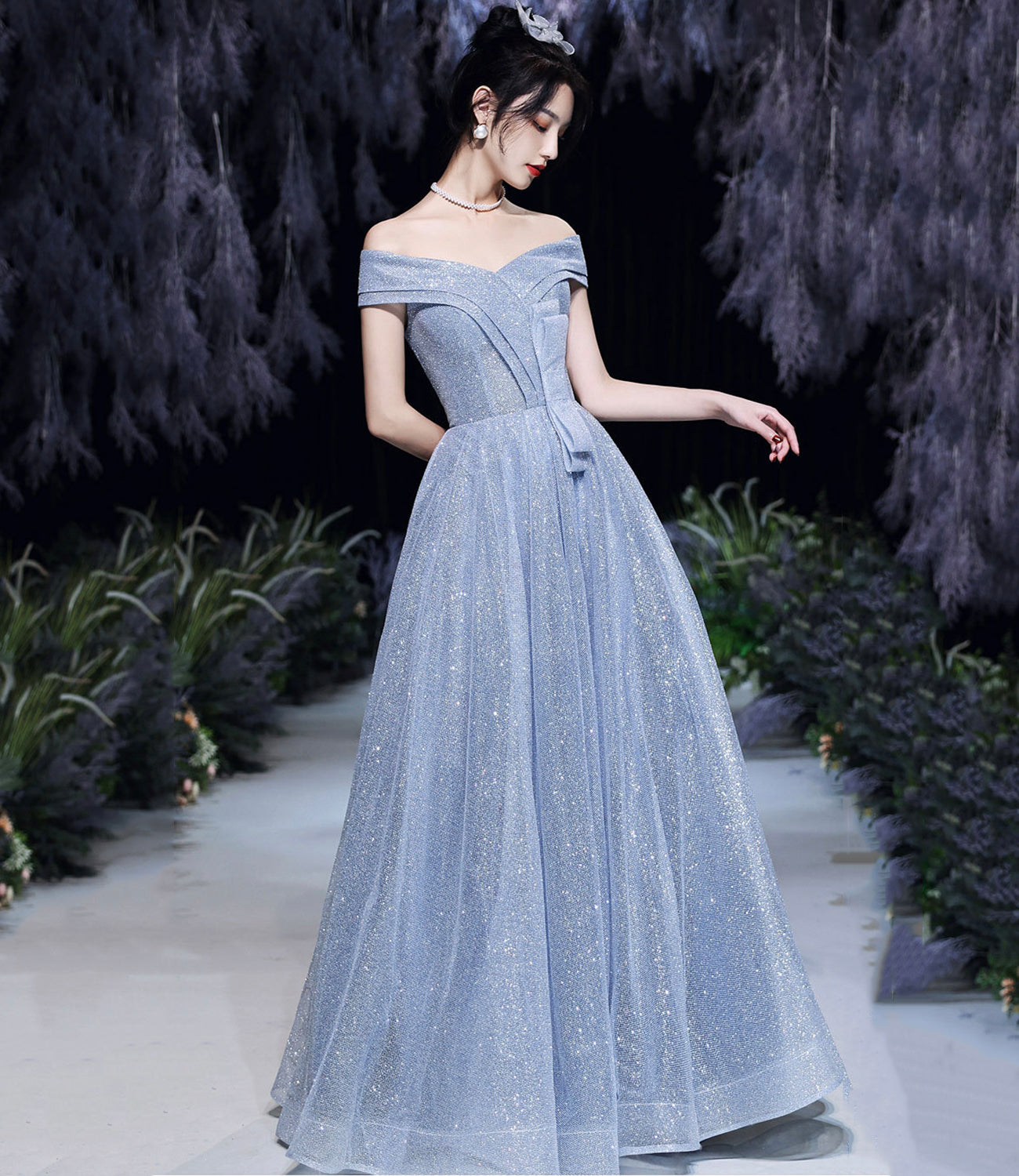Blue tulle sequins long prom dress blue evening dress 10465
