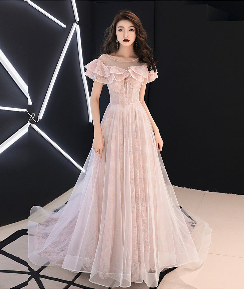 Pink lace tulle long prom dress pink evening dress 8372