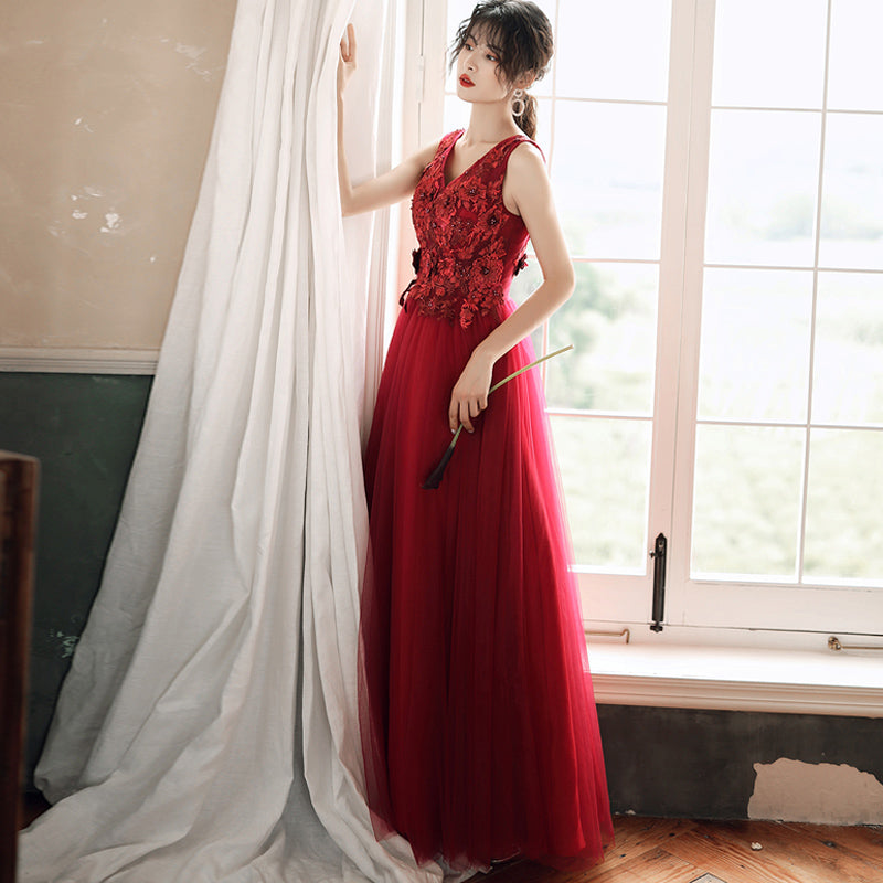 Burgundy tulle lace prom dress evening dress 8278