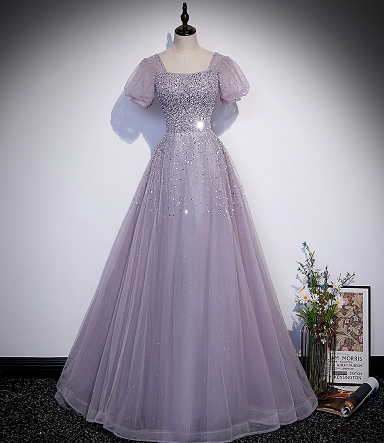 Purple tulle beads long prom dress A line evening gown 10221