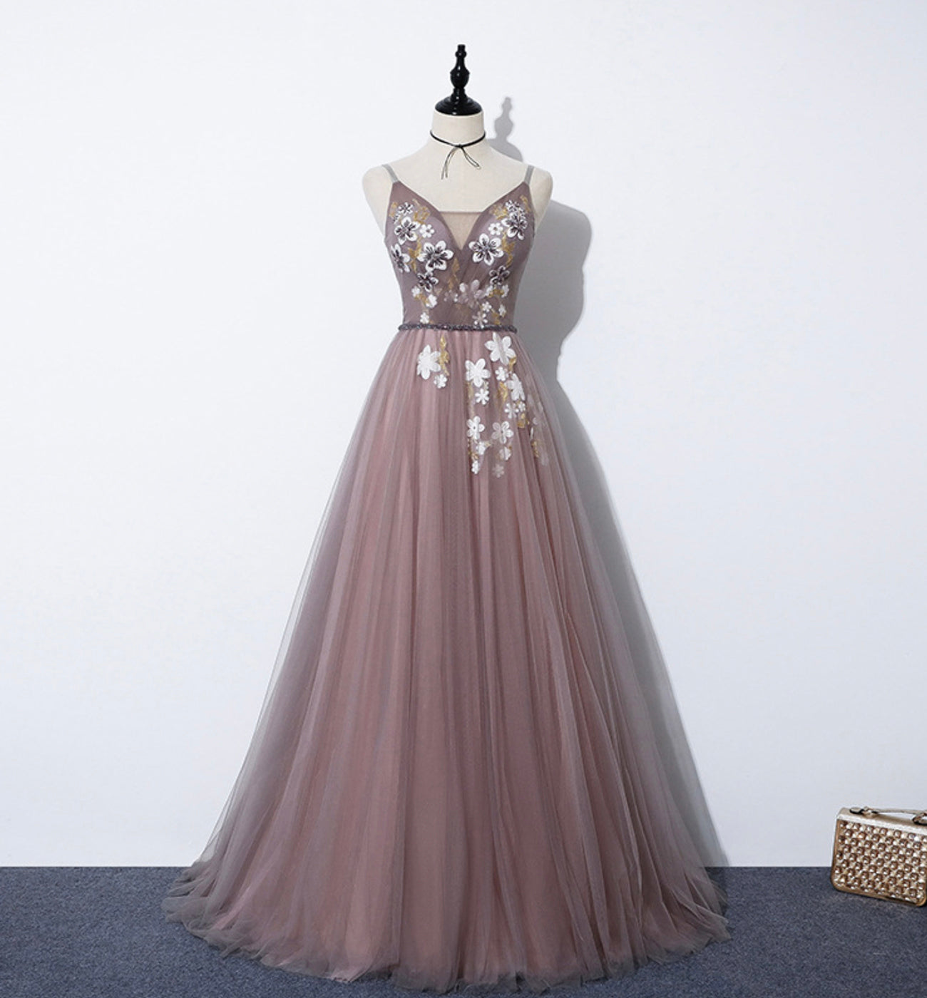 Cute v neck tulle long A line prom dress evening dress 8587
