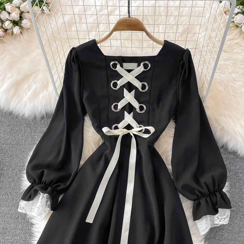 Black A Line Lace Short Dress Lace-Up Fashion Dress 10863