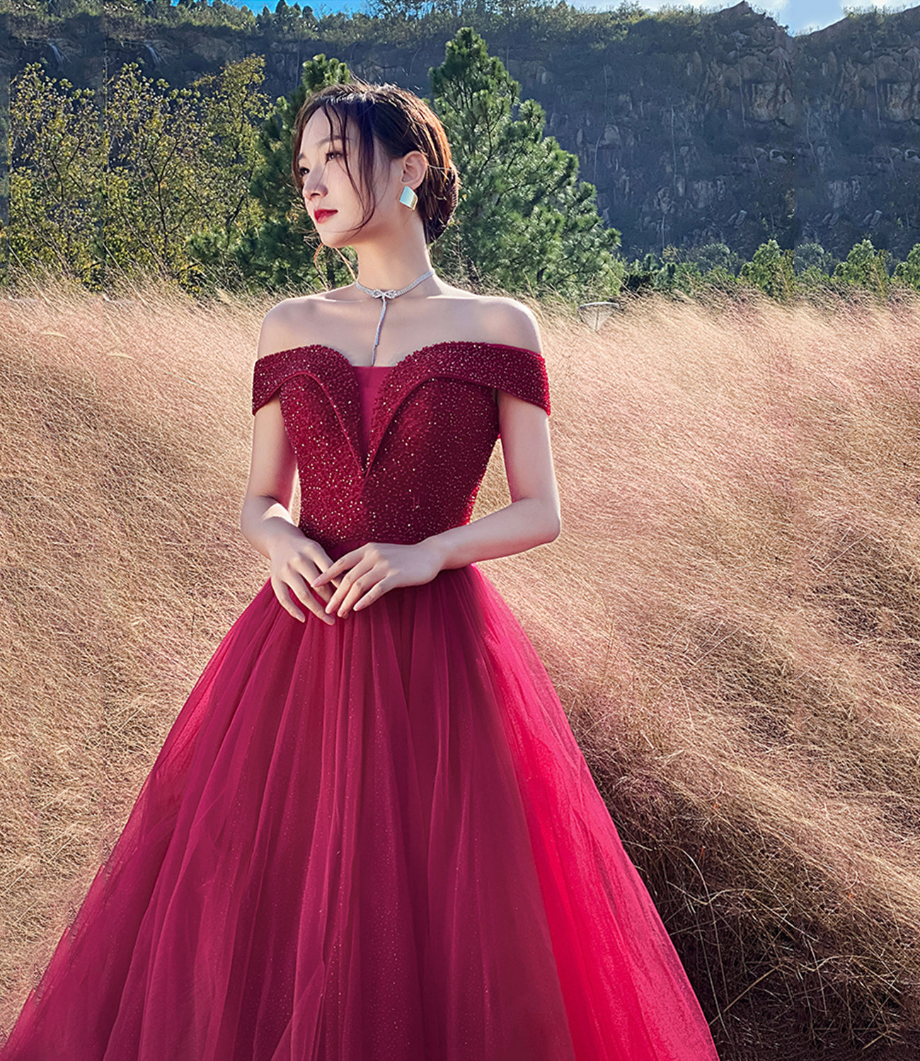 Red tulle beads long prom dress A line evening dress 10307
