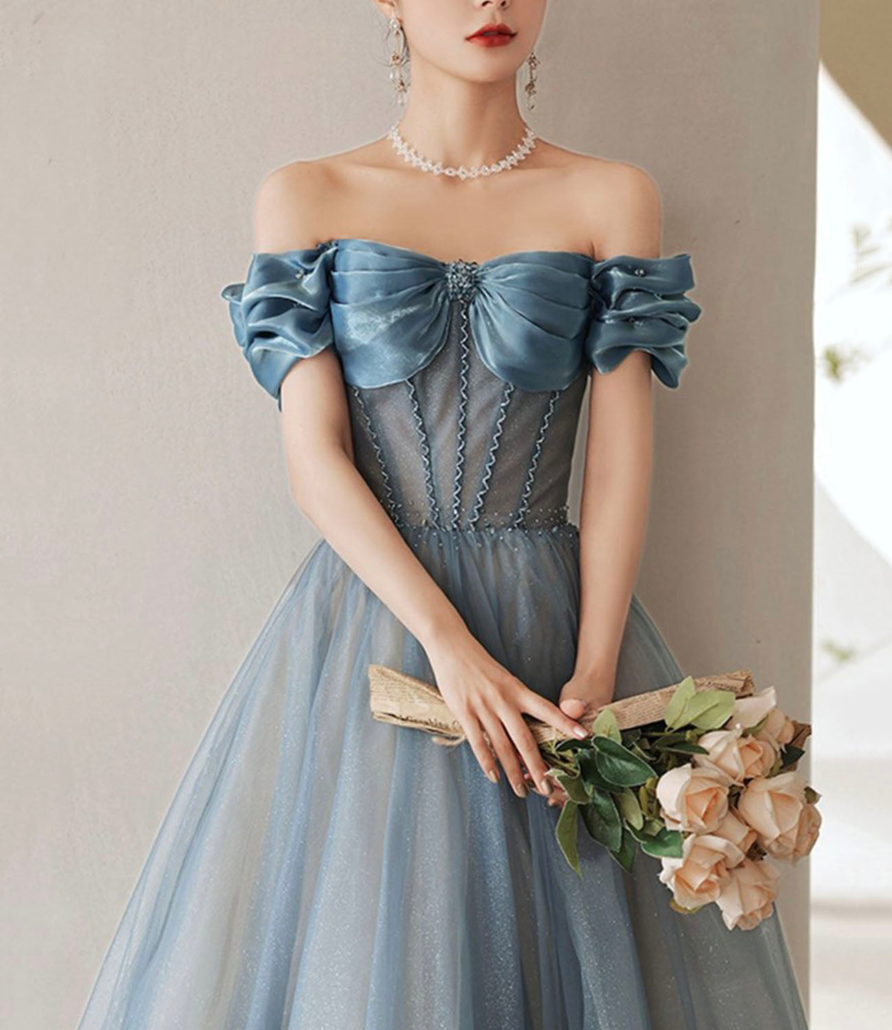 Blue tulle long A line ball gown dress evening gown 10287