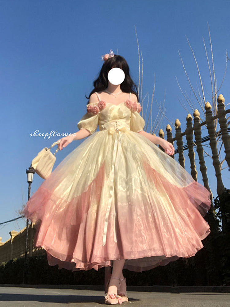 Vestido de fiesta vintage con hombros descubiertos, mangas cortas, para cumpleaños número 16, color rosa degradado, vestido lolita, atuendos de cumpleaños W1136