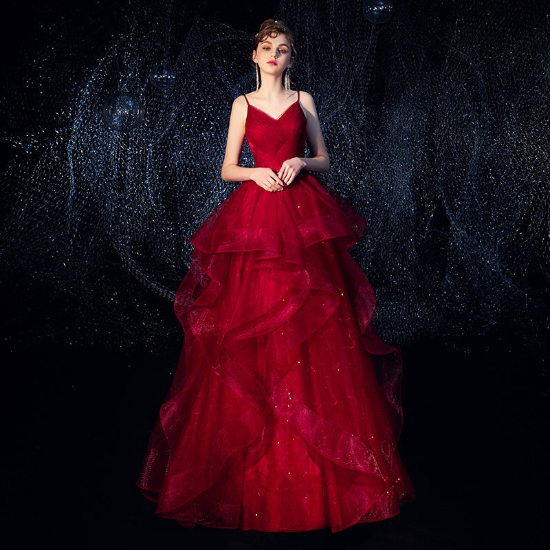 Burgundy tulle long prom dress formal dress 8295
