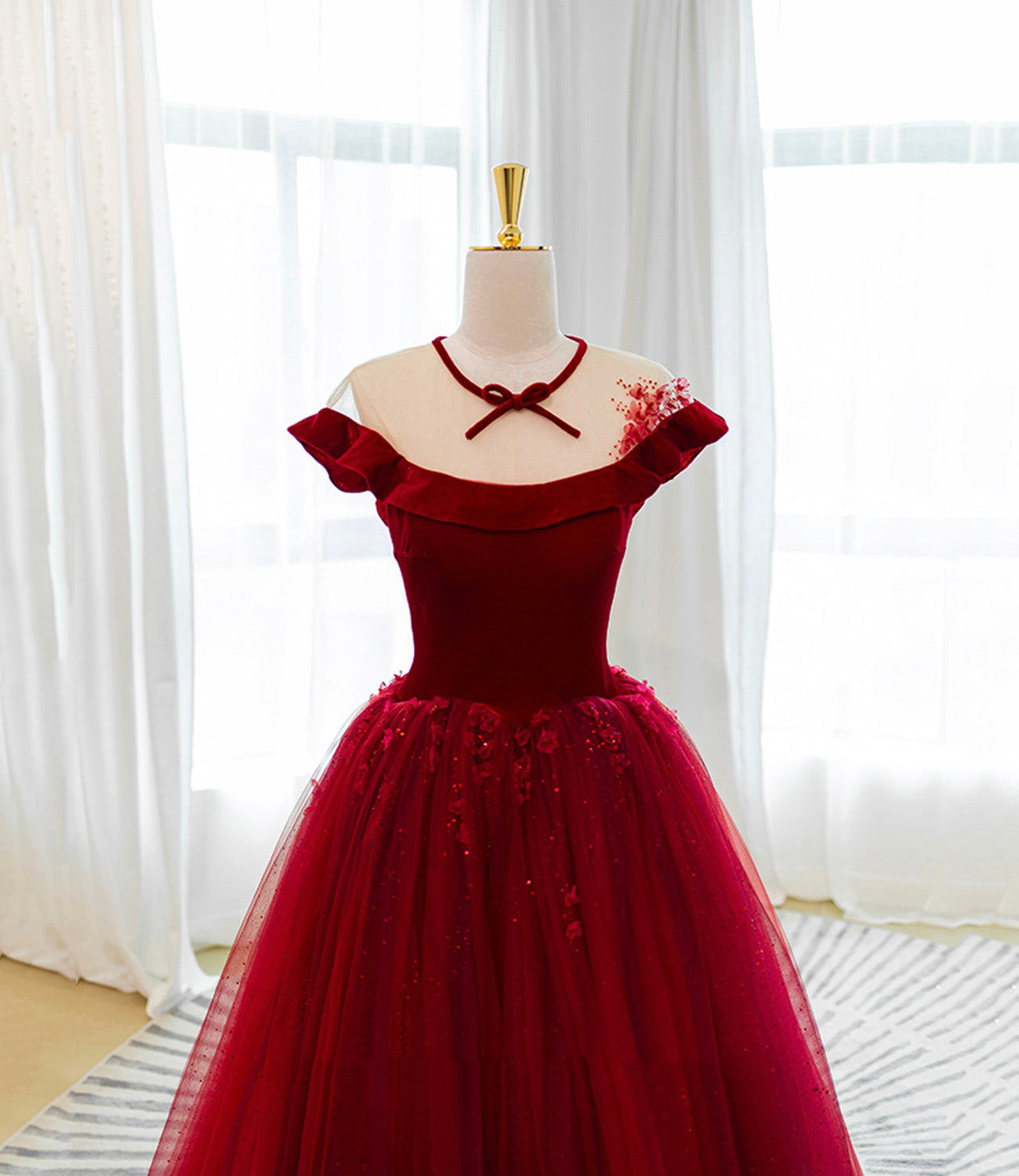 Burgundy velvet tulle long prom dress A line evening gown 10580