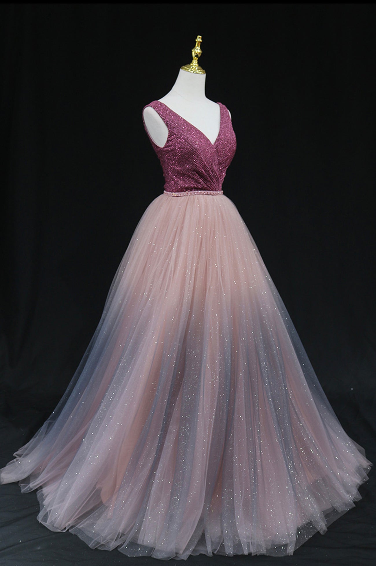 Shiny v neck tulle long prom gown formal dress 8602