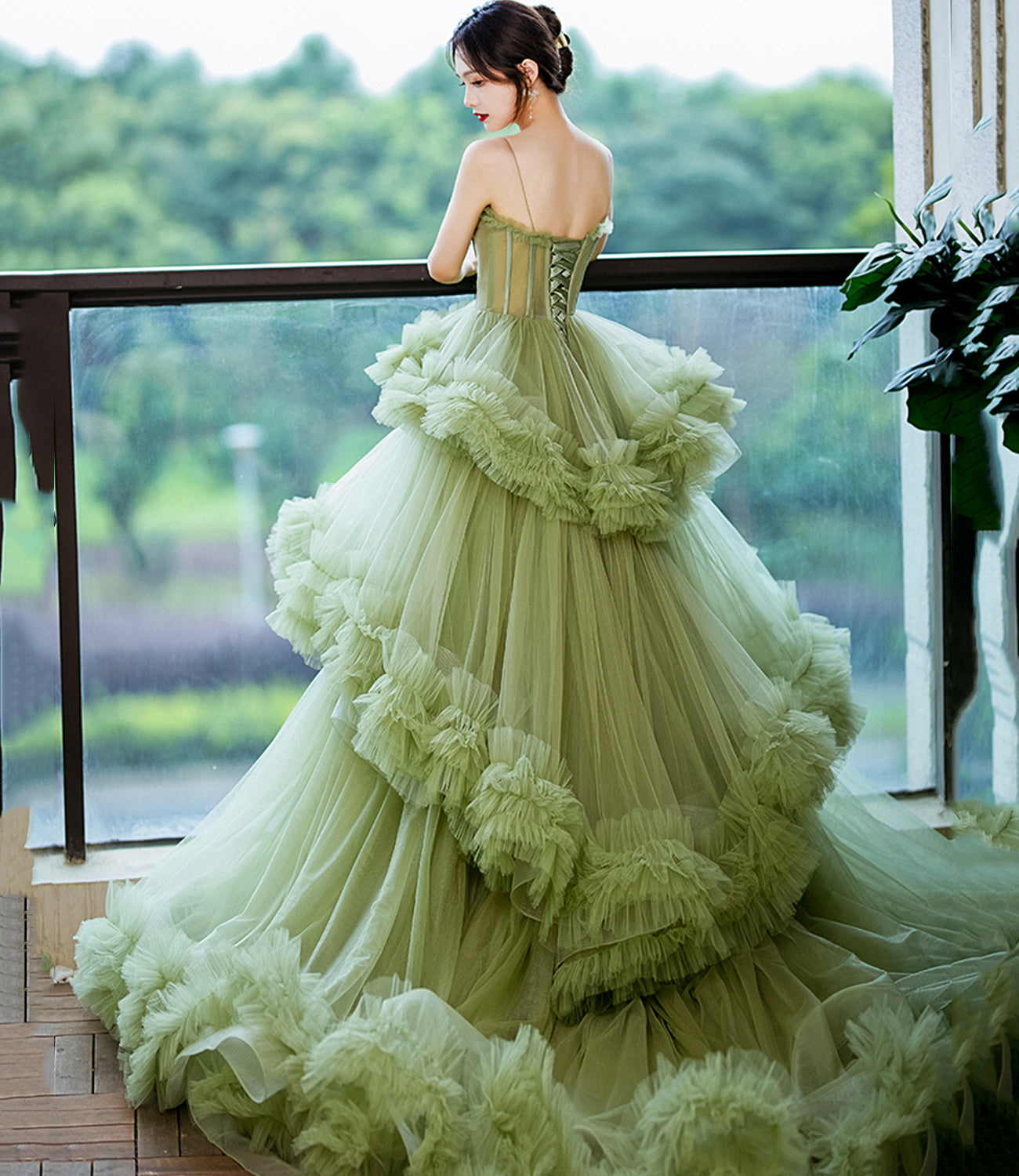 Green tulle long A line prom dress green evening dress 8809