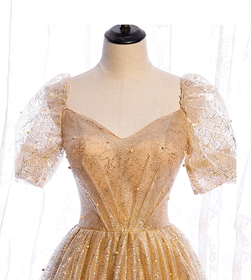 Gold tulle sequins long prom dress evening dress 8428