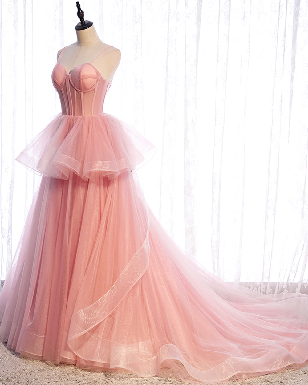 Pink tulle long prom dress pink evening dress 8518