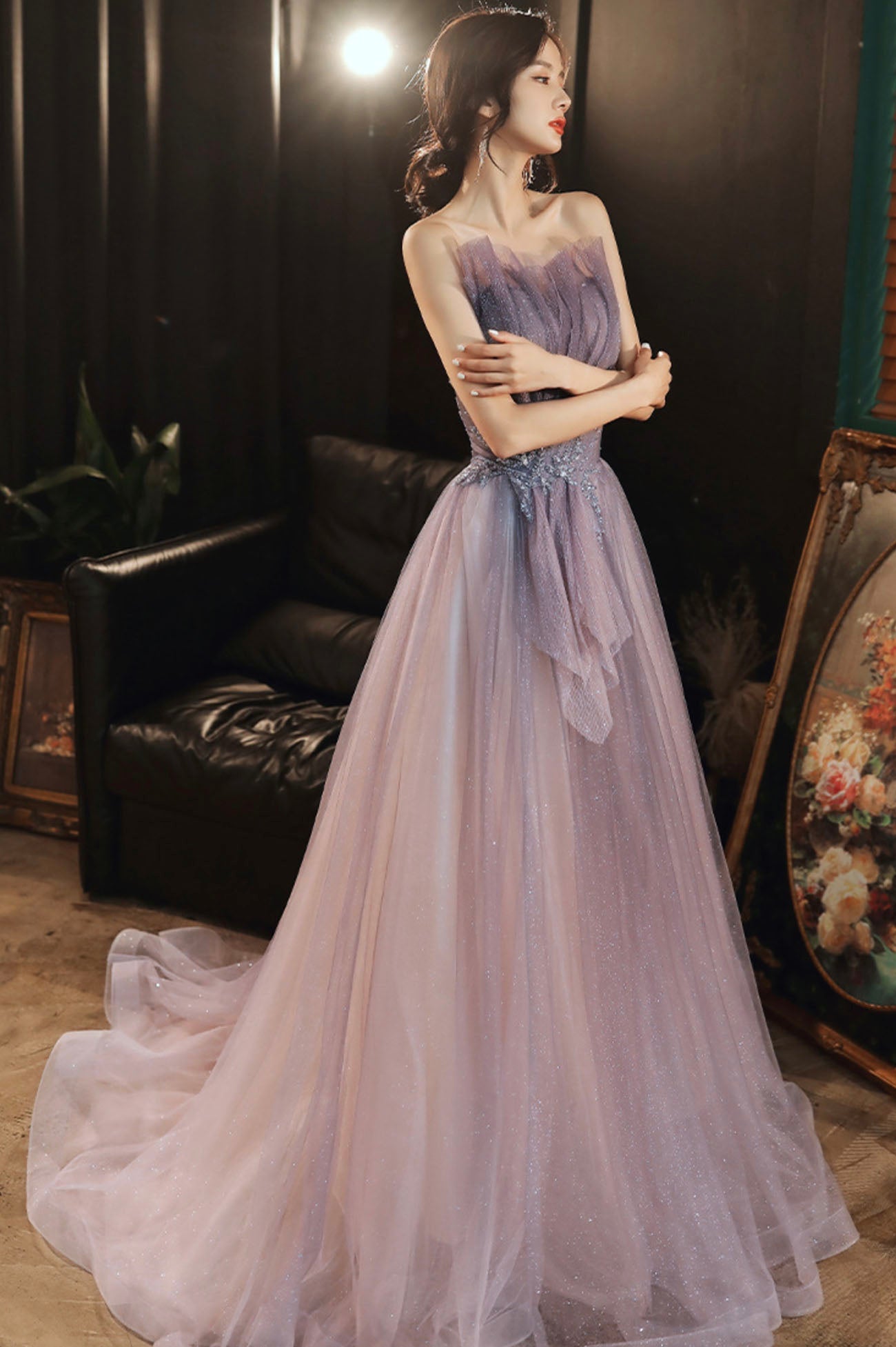 Purple tulle sequins long prom dress evening dress 10624
