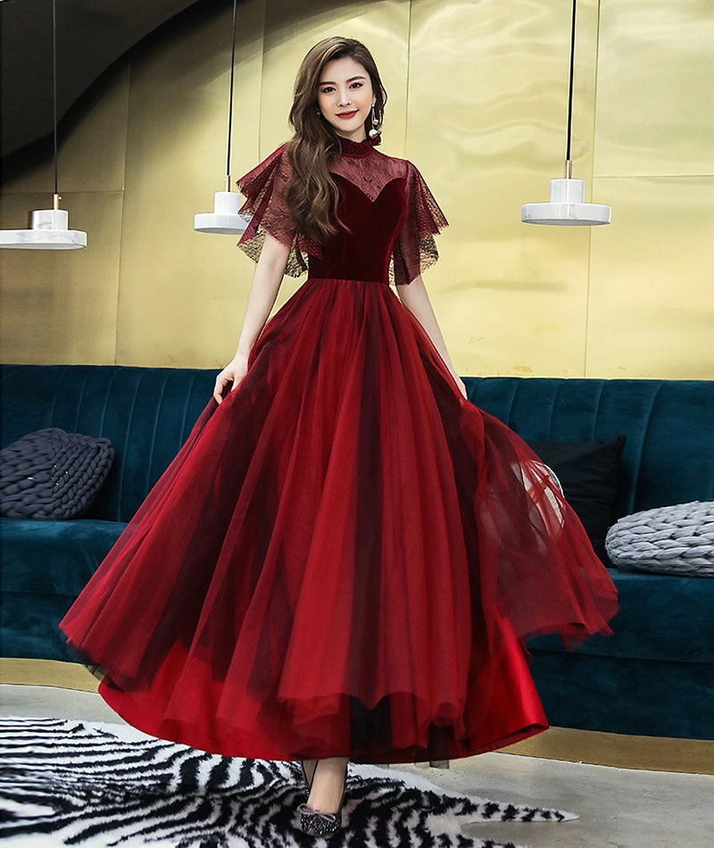 Burgundy velvet tulle prom dress burgundy evening dress 8380