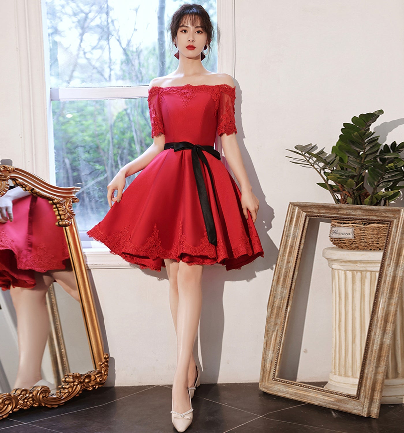 Red satin lace short prom dress red homecoming dress 8960
