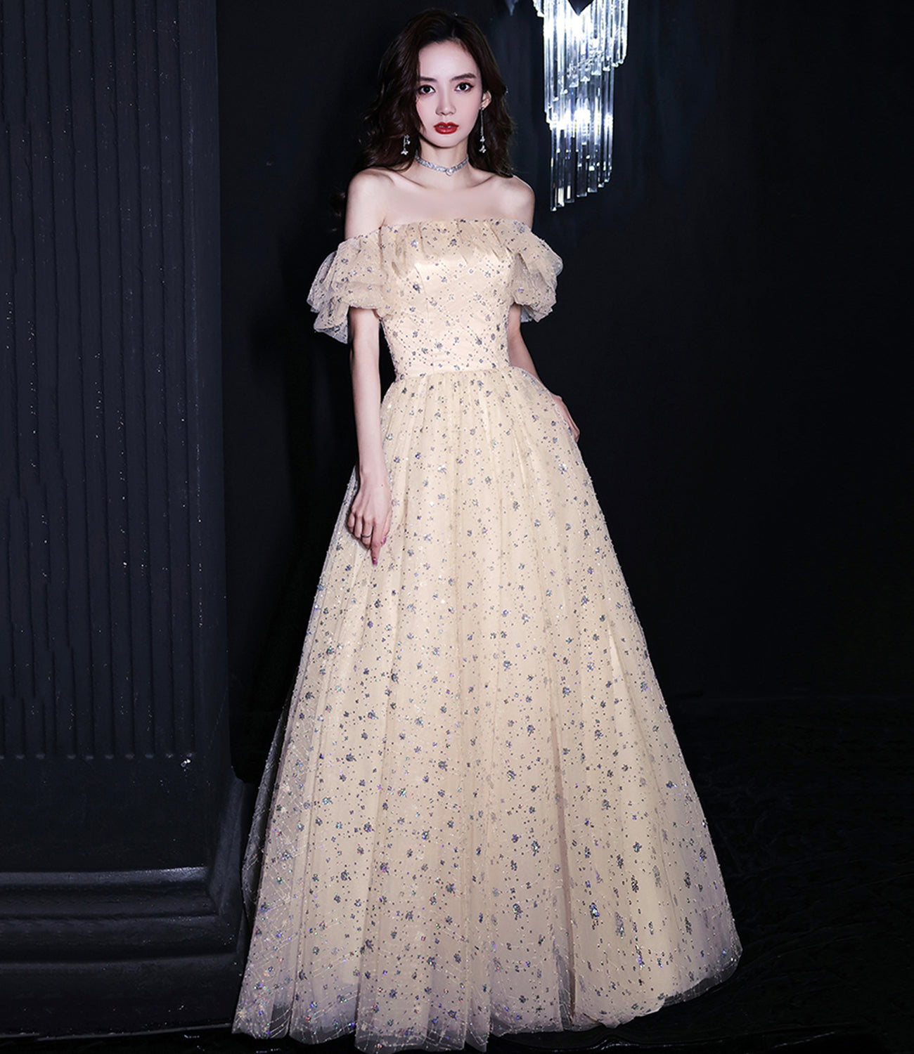 Shiny tulle sequins long A line prom dress evening dress 8715