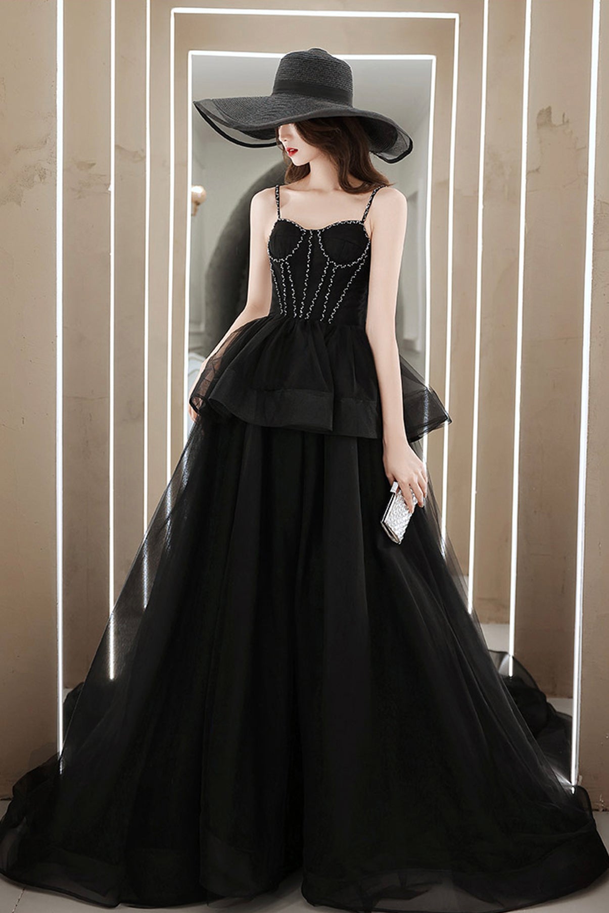 Black tulle long ball gown dress black evening dress 8665
