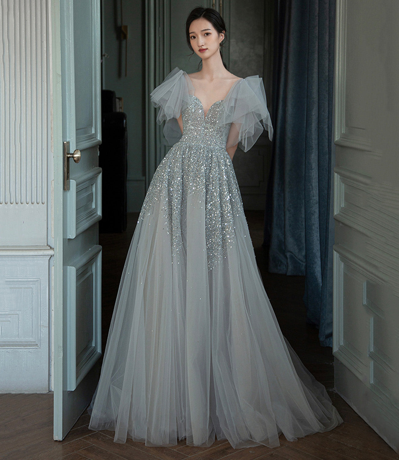 Gray tulle sequins long prom dress A line evening dress 10574