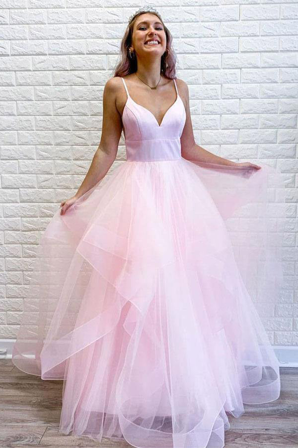A-line Light Blue Tulle Long Prom Dress With Ruffles,WP193