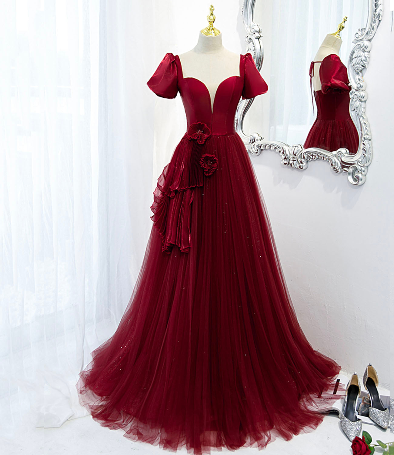 Burgundy satin tulle long prom dress evening dress 10598