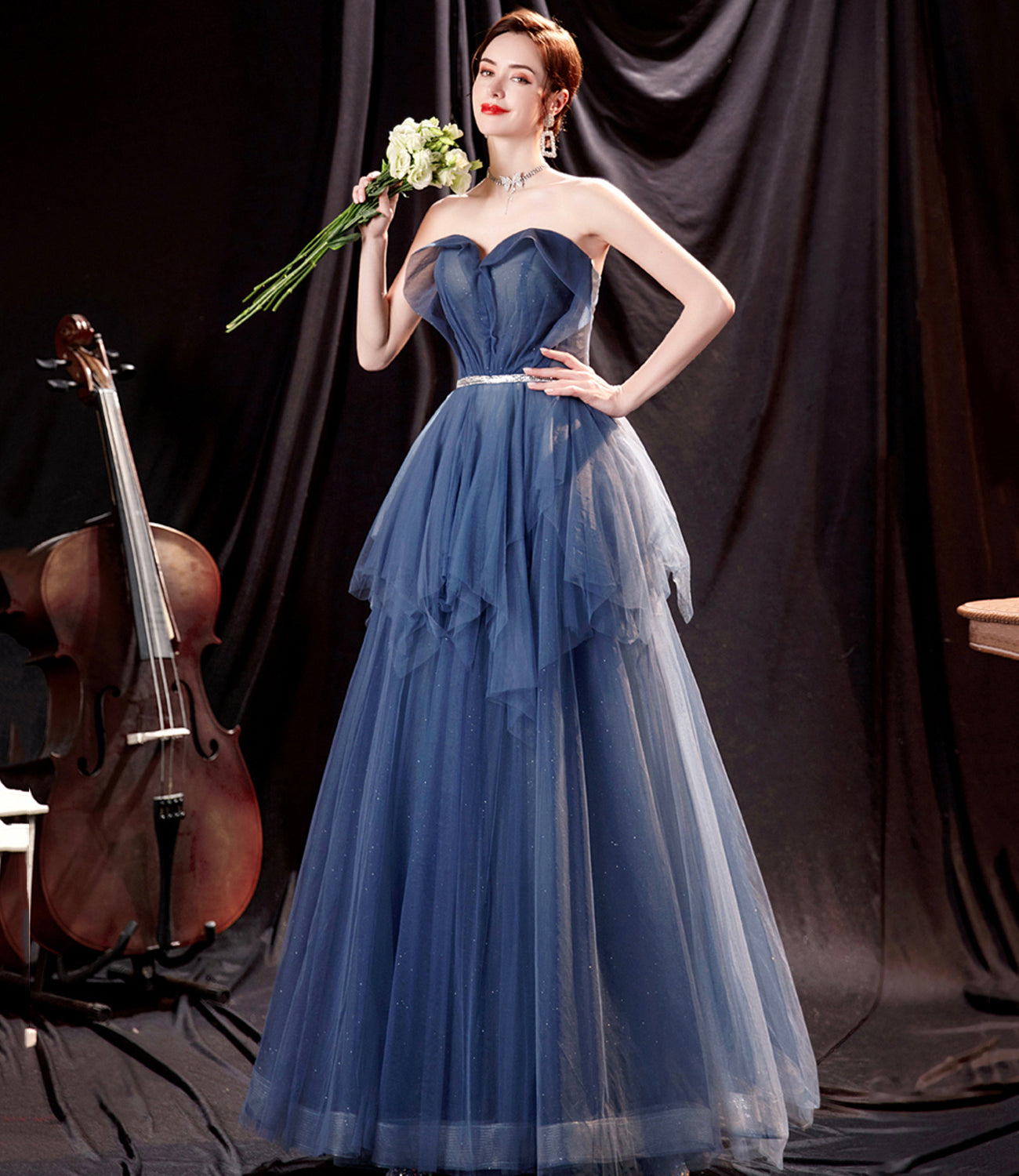 Blue tulle long A line prom dress blue evening dress 10533