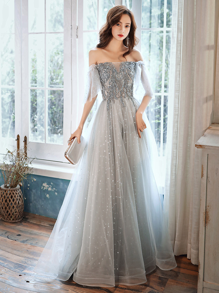 Gray tulle beads prom dress evening dress 8378
