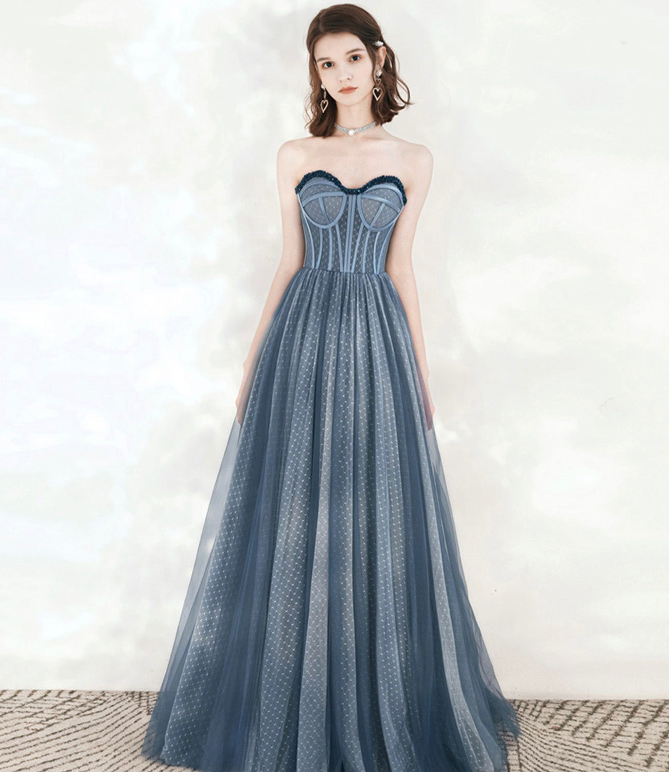 Blue tulle beads long prom dress A line evening dress 10549