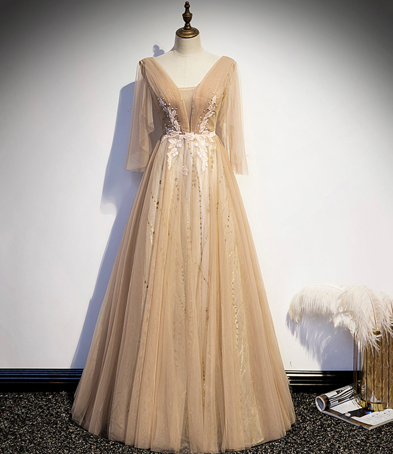 Champagne v neck lace long prom dress A line evening dress 8595