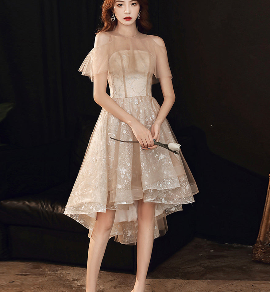 Cute tulle high low prom dress shiny evening dress 8444
