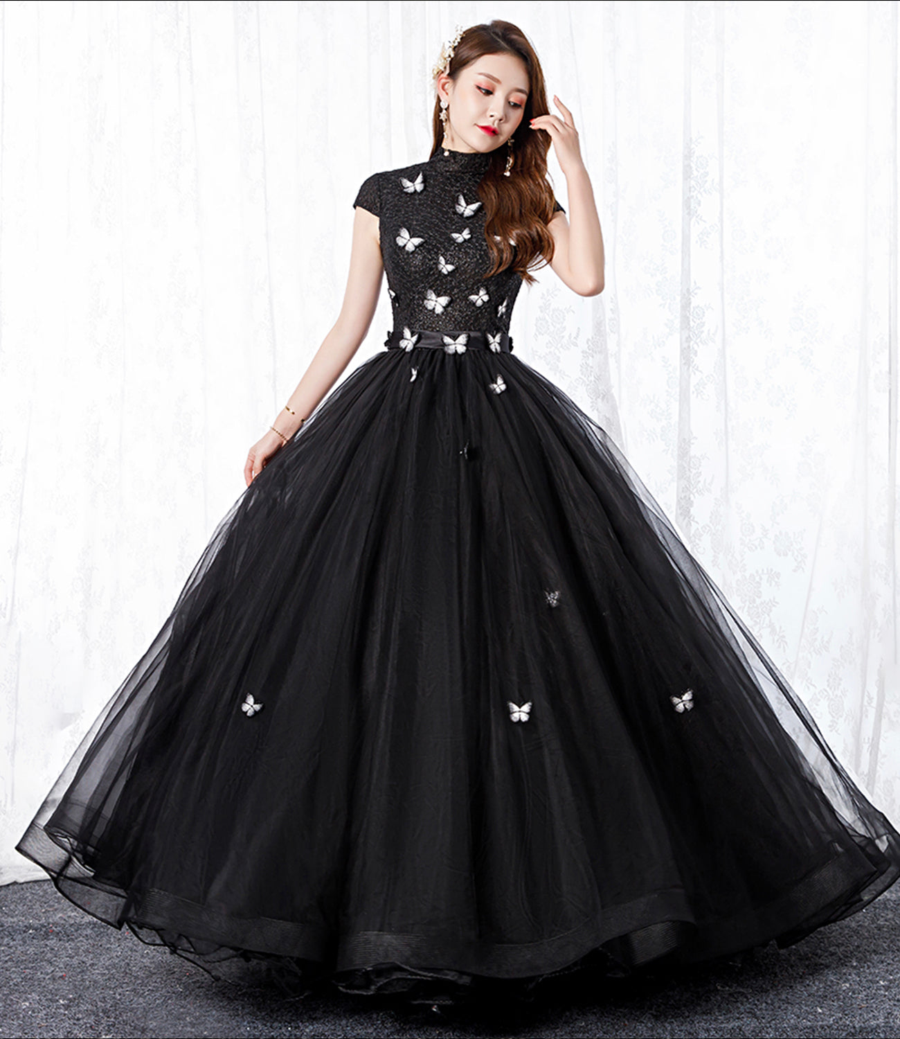 Black tulle long A line ball gown dress formal dress 8650