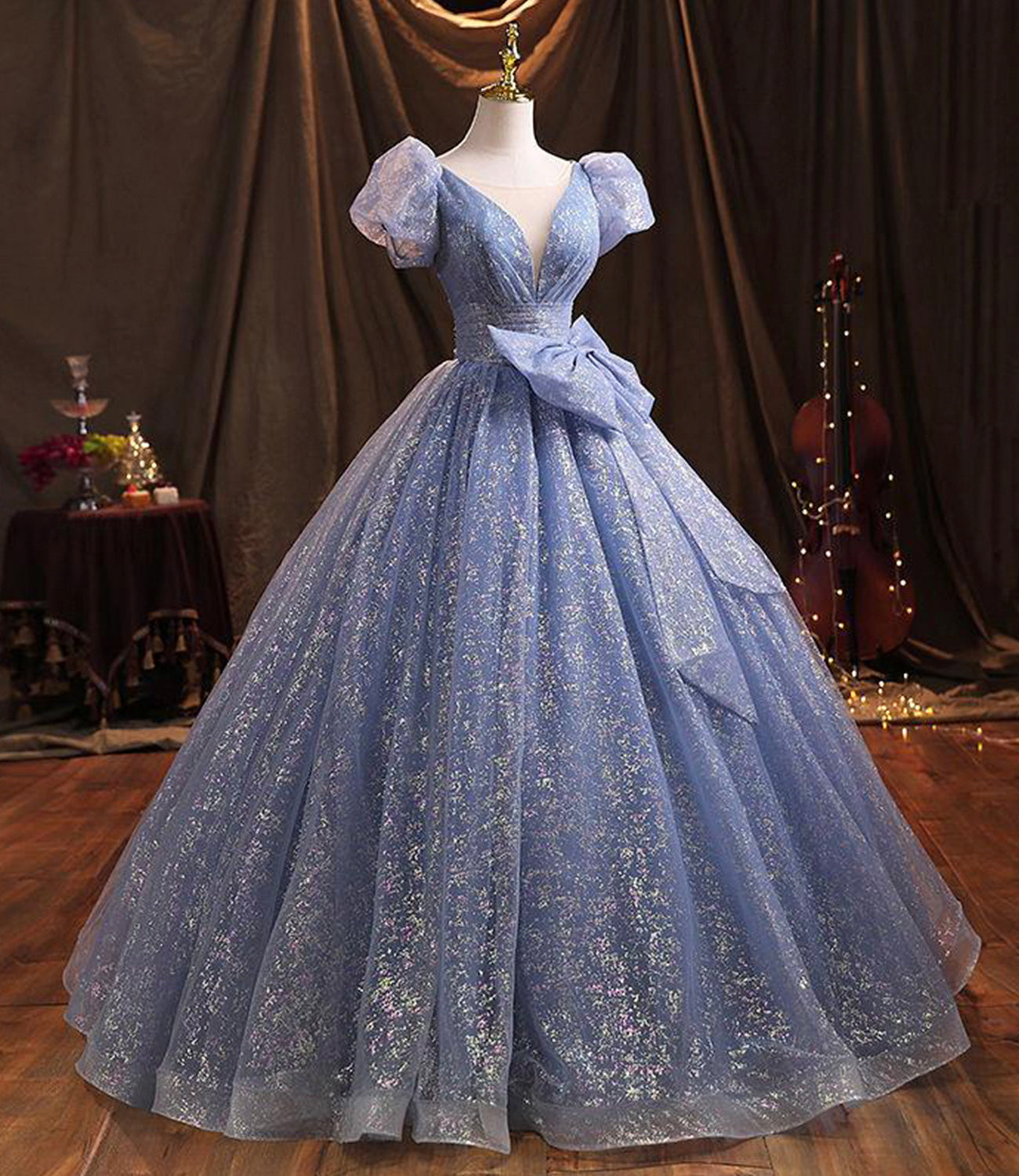 Blue tulle long prom dress A line evening gown 10229