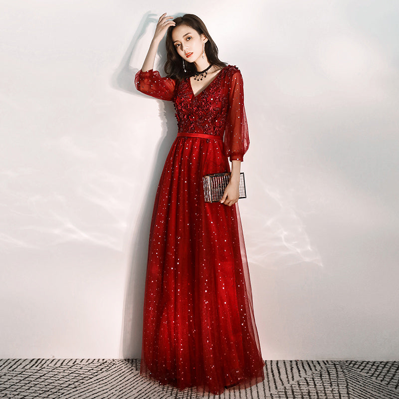 Burgundy lace long prom dress formal dress 8293