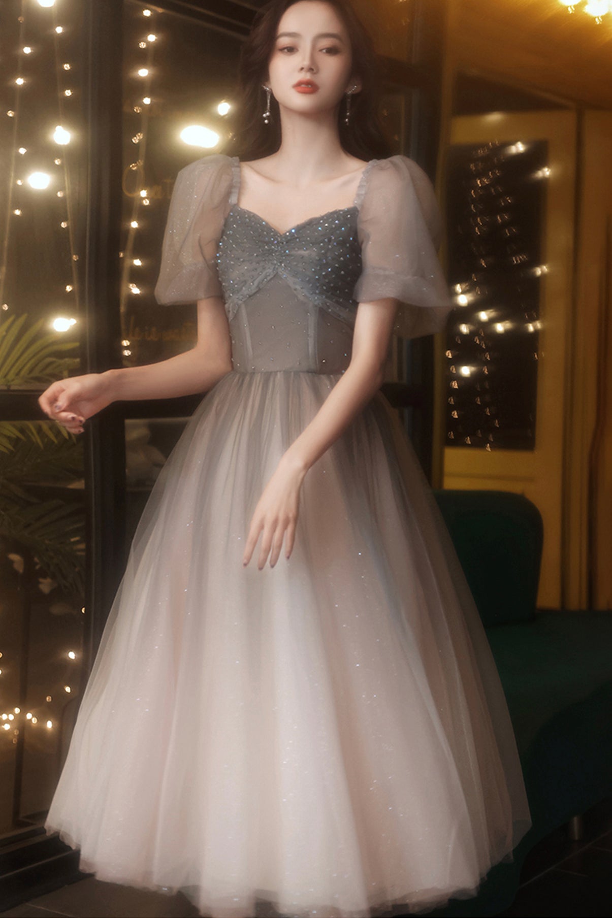 Gray tulle short A line prom dress homecoming dress 8778